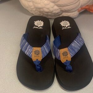 Yellow Box Blue Striped Thong Sandals with Tan Accents